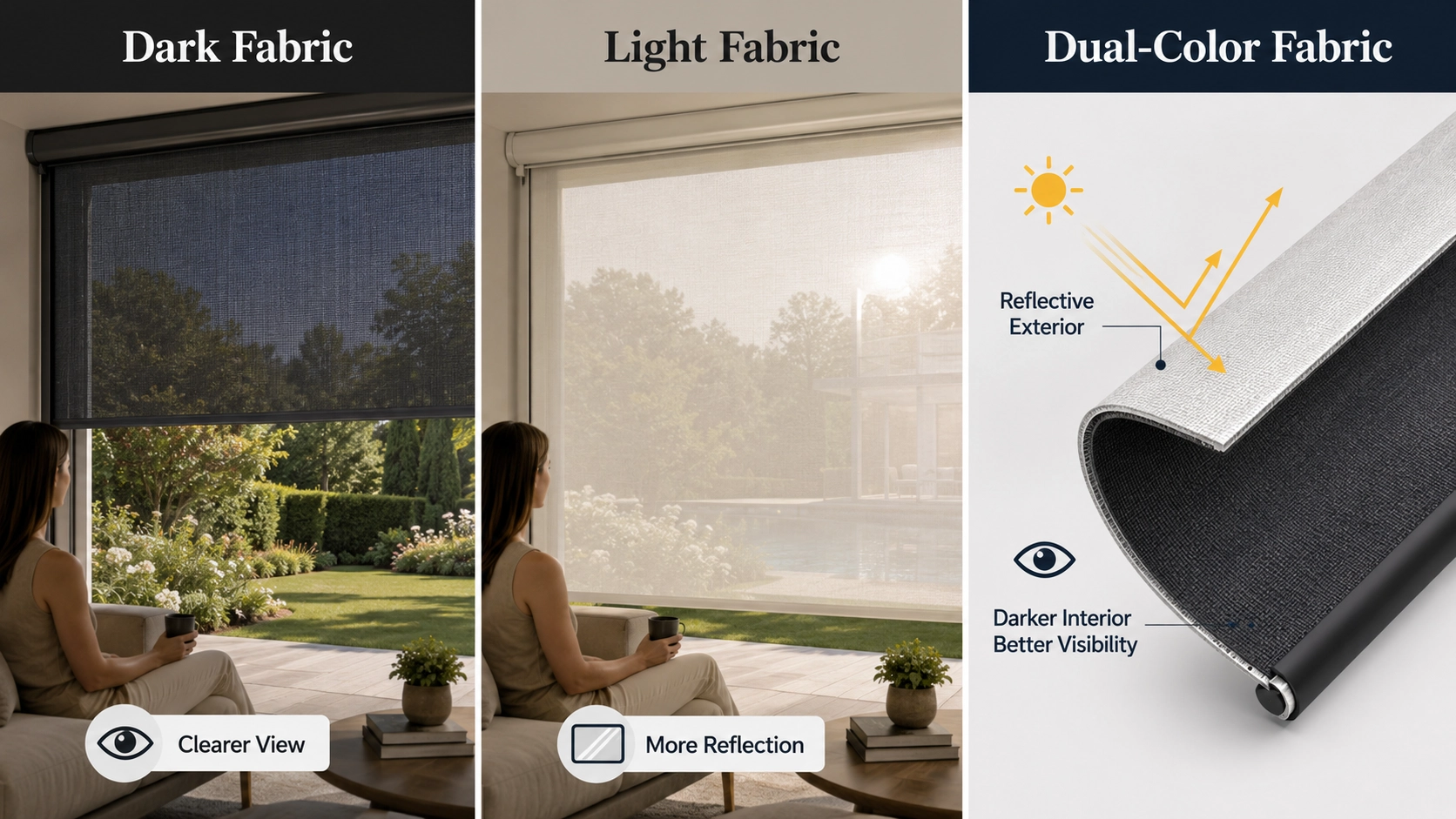 Dark, light and dual-color outdoor screen fabrics compared for view and solar reflection